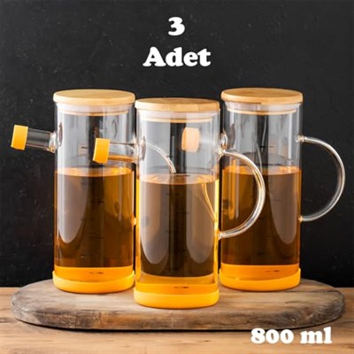 Porsima 401275 3lü Alisa Bambu Kapaklı Borosilikat Ölçekli Cam Yağlık Silikon Tabanlı Yağdanlık 800 ML