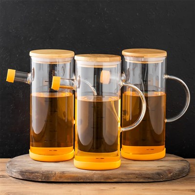 Porsima 401275 3lü Alisa Bambu Kapaklı Borosilikat Ölçekli Cam Yağlık Silikon Tabanlı Yağdanlık 800 ML