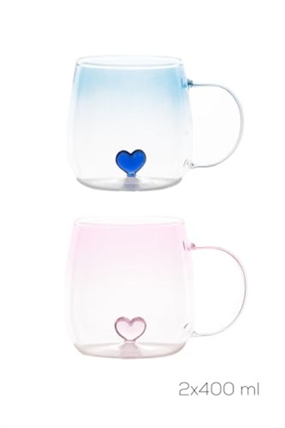 Porsima Dream Love Hearts 400ml Romantik Kalp Tasarımlı 2li Renkli Borosilikat Cam Kupa Seti Çok Renkli, PBT-707