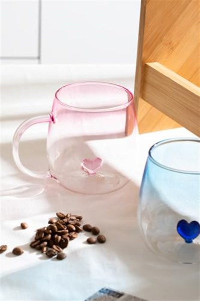 Porsima Dream Love Hearts 400ml Romantik Kalp Tasarımlı 2li Renkli Borosilikat Cam Kupa Seti Çok Renkli, PBT-707