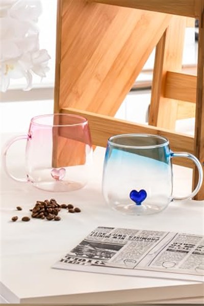 Porsima Dream Love Hearts 400ml Romantik Kalp Tasarımlı 2li Renkli Borosilikat Cam Kupa Seti Çok Renkli, PBT-707