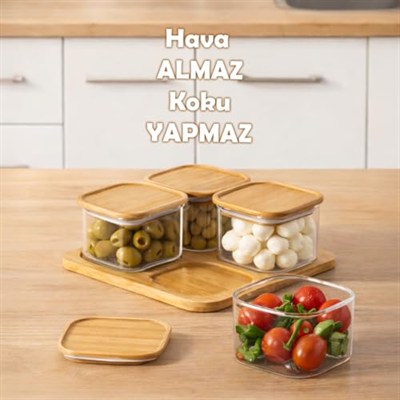 Porsima HF009009 Kare 4lü Hava Geçirmez Bambu Standlı Cam Kahvaltılık Seti Bambu Kapaklı Saklama Kabı 250ml