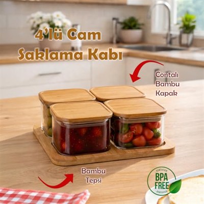 Porsima HF009009 Kare 4lü Hava Geçirmez Bambu Standlı Cam Kahvaltılık Seti Bambu Kapaklı Saklama Kabı 250ml