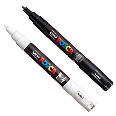 Posca PC-1M Boya Sanatı Markör Kalemleri - Kumaş Cam Metal Kalem - Siyah + Beyaz (Her Birinden 1 adet)