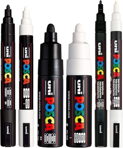 POSCA Siyah & Beyaz Kurşun Ucu - 6 Kalem Seti (PC-5M, PC-7M, PC-3M)