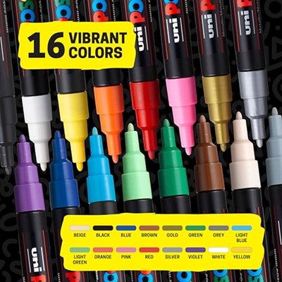 Posca uni-ball 186516 - Marker kalem, ince yuvarlak uçlu, 16lı set, temel renkler