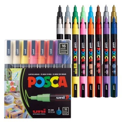 Posca uni-ball 186516 - Marker kalem, ince yuvarlak uçlu, 16lı set, temel renkler