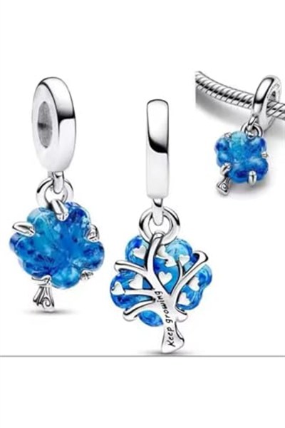 POSEİDONS JEWELLERY Gümüş Mavi Murano Aile Ağacı Charm Mavi Tek Ebat