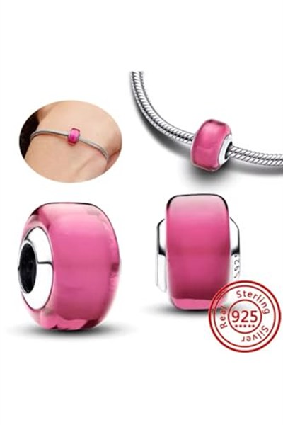 POSEİDONS JEWELLERY Gümüş Pembe Mini Murano Cam Charm Pembe Tek Ebat