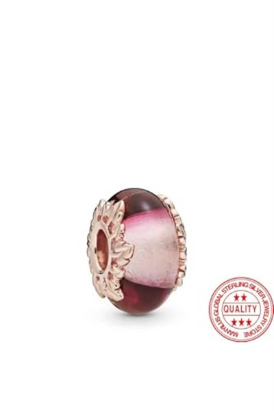 POSEİDONS JEWELLERY Gümüş Pembe Murano Camı ve Yaprak Charmı Pembe Renkli Tek Ebat