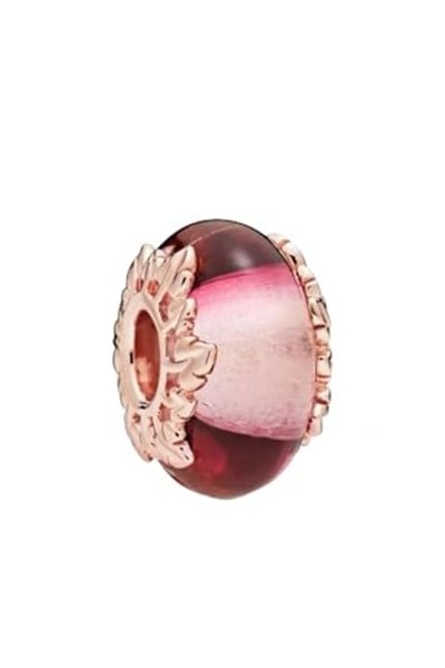 POSEİDONS JEWELLERY Gümüş Pembe Murano Camı ve Yaprak Charmı Pembe Renkli Tek Ebat