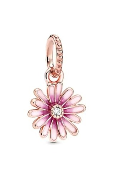 POSEİDONS JEWELLERY Gümüş Pembe Papatya Sallantılı Charm Pembe Tek Ebat