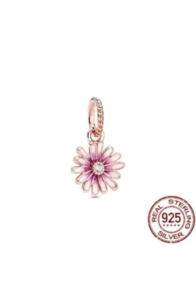 POSEİDONS JEWELLERY Gümüş Pembe Papatya Sallantılı Charm Pembe Tek Ebat