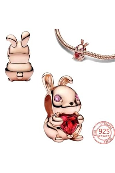 POSEİDONS JEWELLERY Rose Gümüş Kırmızı Kalp Taşlı Tavşan Charm Pembe Tek Ebat