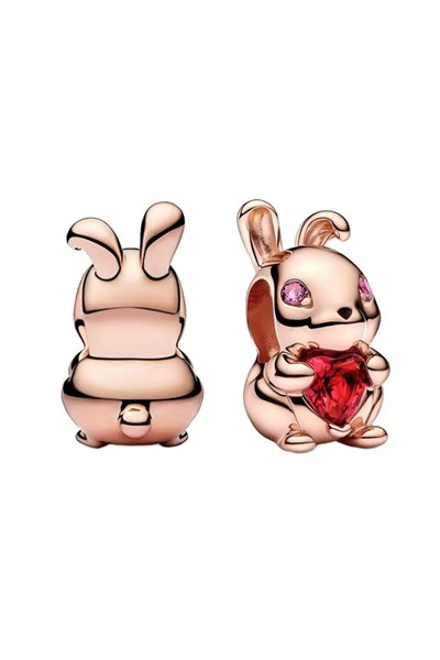 POSEİDONS JEWELLERY Rose Gümüş Kırmızı Kalp Taşlı Tavşan Charm Pembe Tek Ebat