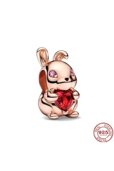 POSEİDONS JEWELLERY Rose Gümüş Kırmızı Kalp Taşlı Tavşan Charm Pembe Tek Ebat