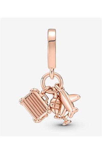 POSEİDONS JEWELLERY Uçak, Küre ve Bavul Üçlü Rose Sallantılı Charm Rose Tek Ebat