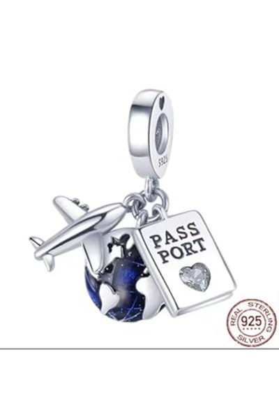 POSEİDONS JEWELLERY Üçlü Sallantılı Uçak,Dünya ve Kalp Temalı Pasaport Charm Mavi Tek Ebat