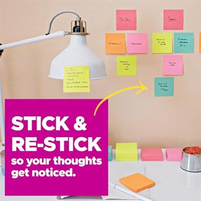 Post-it Süper Yapışkan Notlar Değer Paketi, 24 Ped, Kullanışlı Okul Otobüsü Taşıma ve Saklama Çantası, 2X Yapıştırma Gücü, 3x3 inç, Parlak Renkler (Turuncu, Pembe, Mavi, Yeşil, Sarı), Geri