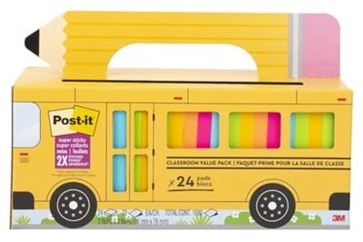 Post-it Süper Yapışkan Notlar Değer Paketi, 24 Ped, Kullanışlı Okul Otobüsü Taşıma ve Saklama Çantası, 2X Yapıştırma Gücü, 3x3 inç, Parlak Renkler (Turuncu, Pembe, Mavi, Yeşil, Sarı), Geri