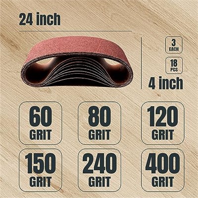 POWERTEC Zımpara Kayışları 10x61 cm, Alüminyum Oksit, 6 Farklı Kum, 18li Paket, Bantlı Zımpara için