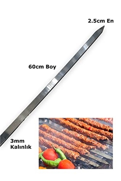 pratikoutdoor 4 Adet Paslanmaz Çelikten (Krom) 3mm Adana Kebab Şiş, Barbekü Kebab Şiş, Mangal Şiş, 2.5cmx60cm