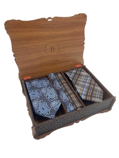 Premium Ahşap Kutulu 2li Kravat Mendil Set