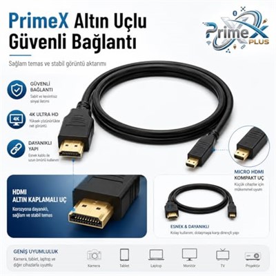 PrimeX PX-1121 Micro HDMI to HDMI Kablo, 1.5 Metre 1080P Full HD Hdmi Görüntü ve Ses Aktarım Kablosu, Micro Hdmi Type-D Kamera Tablet Mini Laptop Raspberry P - Seçenekler: 1.5 Metre, 5 Metre, 10 Metre