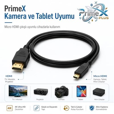 PrimeX PX-1121 Micro HDMI to HDMI Kablo, 1.5 Metre 1080P Full HD Hdmi Görüntü ve Ses Aktarım Kablosu, Micro Hdmi Type-D Kamera Tablet Mini Laptop Raspberry P - Seçenekler: 1.5 Metre, 5 Metre, 10 Metre