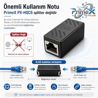 PrimeX PX-HQC6 RJ45 Dişi Dişi Ethernet Ara Aparatı, CAT5E/CAT6 LAN Kablo Birleştirici, Gigabit Network Kablo Uzatma Adaptörü, Modem Router Switch PC İçin RJ45 Dişi Dişi Coupler