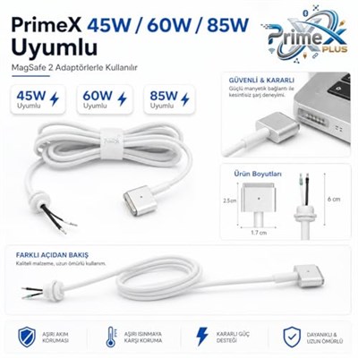 PrimeX PX-MAC2 MagSafe 2 Güç Adaptörü Kablosu, Apple MacBook A1425 A1435 A1465 A1502 Uyumlu, 5 Pin T Stili Manyetik Şarj Tamir Kablosu, 45W 60W 85W Adaptör İçin, 1.8 Metre