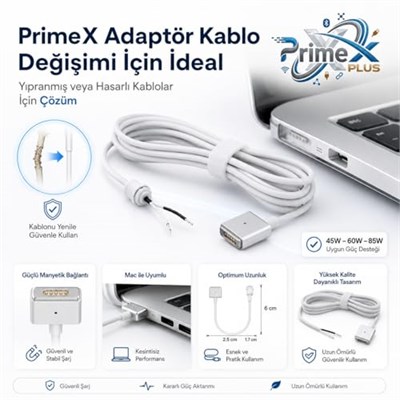 PrimeX PX-MAC2 MagSafe 2 Güç Adaptörü Kablosu, Apple MacBook A1425 A1435 A1465 A1502 Uyumlu, 5 Pin T Stili Manyetik Şarj Tamir Kablosu, 45W 60W 85W Adaptör İçin, 1.8 Metre