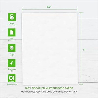 PrintWorks Yüzde 100 Geri Dönüşümlü Çok Amaçlı Kağıt, 9,1 kg, 92 Parlak, 8,5 x 11 inç, 3 paket 400 yaprak, toplam 1200 yaprak (00018-3), Beyaz