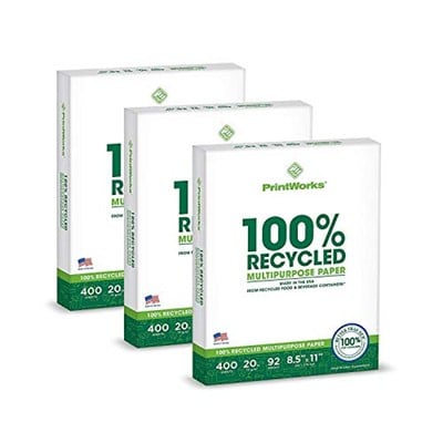 PrintWorks Yüzde 100 Geri Dönüşümlü Çok Amaçlı Kağıt, 9,1 kg, 92 Parlak, 8,5 x 11 inç, 3 paket 400 yaprak, toplam 1200 yaprak (00018-3), Beyaz