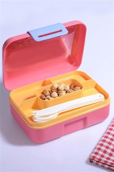 Promosyonca 2 Katlı Bento Öğle Yemeği Kutusu, 1.6 Litre, 3 Bölmeli, BPA İçermeyen PP Plastik, Çatal Bıçak Kaşık Hediyeli (Pembe)