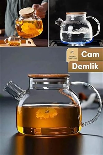 Promosyonca Borosilikat Cam Demlik, Bambu Kapaklı, Süzgeçli, 1000 ml, Isıya Dayanıklı, Çay Kahve Bitki Çayı için, Cam Çaydanlık (Düz)