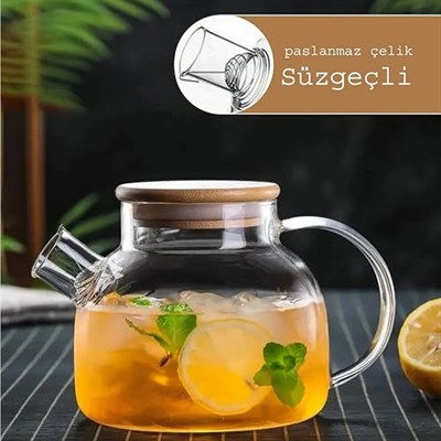 Promosyonca Borosilikat Cam Demlik, Bambu Kapaklı, Süzgeçli, 1000 ml, Isıya Dayanıklı, Çay Kahve Bitki Çayı için, Cam Çaydanlık (Düz)