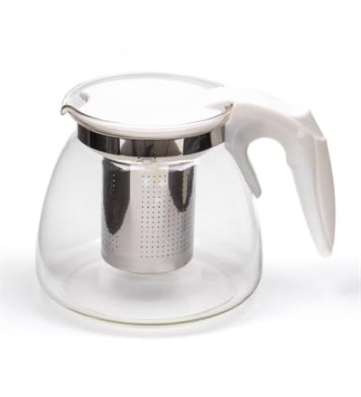 Promosyonca Isıya Dayanıklı Borosilikat Cam Demlik, Kendinden Süzgeçli, Şık Tasarım (Beyaz 900 ml)