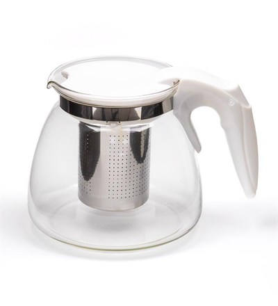 Promosyonca Isıya Dayanıklı Borosilikat Cam Demlik, Kendinden Süzgeçli, Şık Tasarım (Beyaz 900 ml)