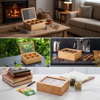 Promosyonca Orjinal Bambu Organizer, Çay Kutusu, Takı Kutusu, Mıknatıslı Kapak, Premium Kalite (6 Şeffaf Kapak)