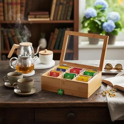 Promosyonca Orjinal Bambu Organizer, Çay Kutusu, Takı Kutusu, Mıknatıslı Kapak, Premium Kalite (6 Şeffaf Kapak)