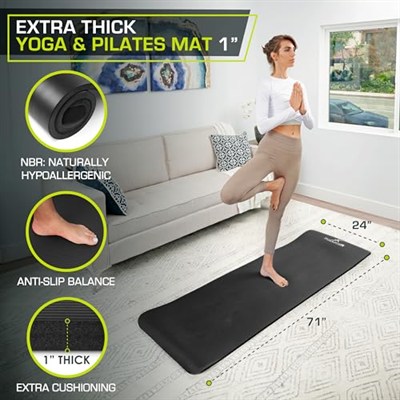 ProsourceFit Ekstra kalın yoga ve pilates matı, yüksek yoğunluklu egzersiz matı, konforlu köpüklü ve taşıma kayışlı