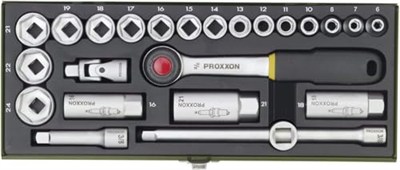 Proxxon lokma anahtar seti, kompakt set, 3/8 inç cırcırlı, çelik kutulu 24 parçalı alet seti, 23110, 33,5 x 15 x 5 cm
