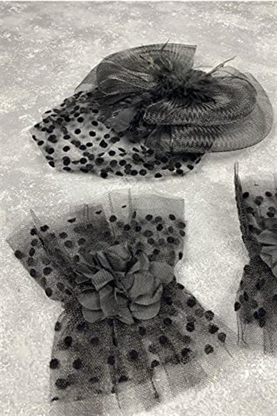 Puantiyeli Siyah Nikah Kepi Ve Hera Çift Bilek Gelin Aksesuarı