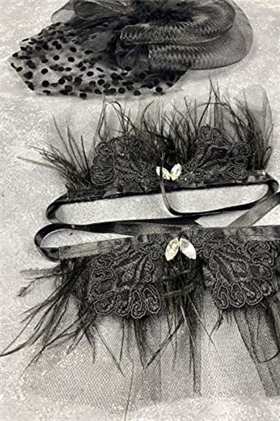 Puantiyeli Siyah Nikah Kepi Ve Savin Taşlı Tüylü Çift Bilek Gelin Aksesuarı