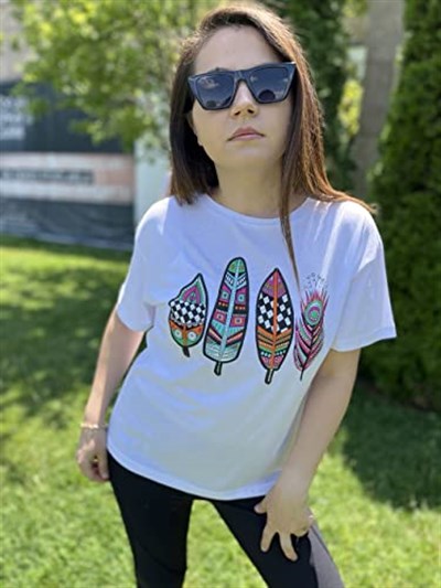 Pul İşlemeli Pamuk Tişört Tüy Desenli T-shirt Beyaz Bisiklet Yaka (Desen4 Beyaz/L)