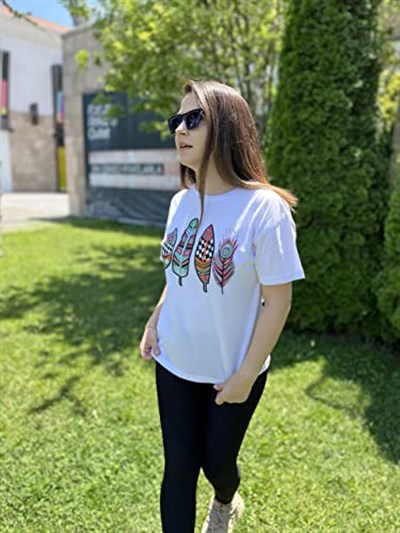 Pul İşlemeli Pamuk Tişört Tüy Desenli T-shirt Beyaz Bisiklet Yaka (Desen4 Beyaz/L)