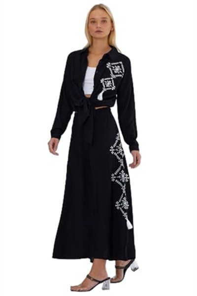 QASHMİR Qshmir Kadın Nakış Detaylı Pamuk Takım - Siyah SİYAH S-1