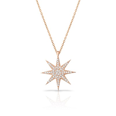 RACHON 925 AYAR GÜMÜŞ SEKİZ KÖŞELİ BEYAZ YILDIZ KOLYE ROSE GOLD RachonNM-407