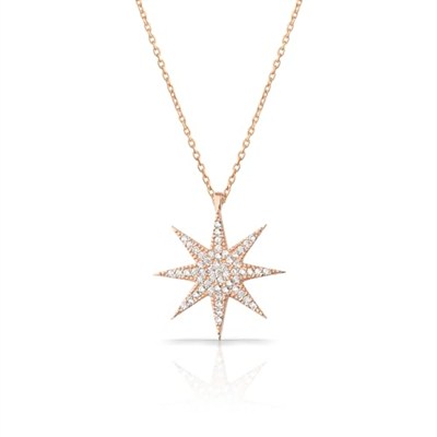 RACHON 925 AYAR GÜMÜŞ SEKİZ KÖŞELİ BEYAZ YILDIZ KOLYE ROSE GOLD RachonNM-407